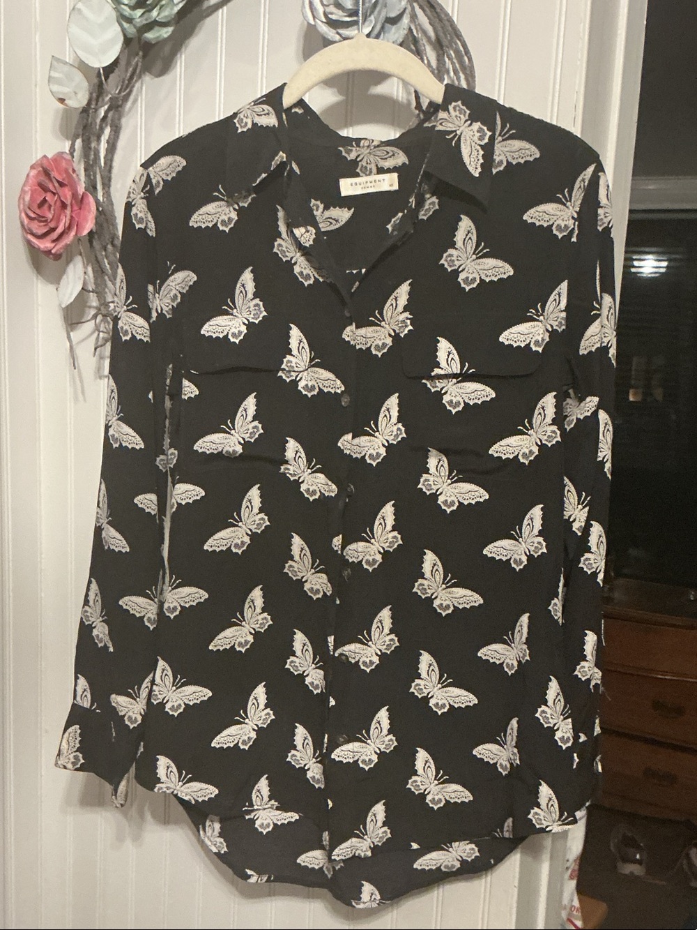 Equipment Black Button-Front Blouse with White Butterfly Print